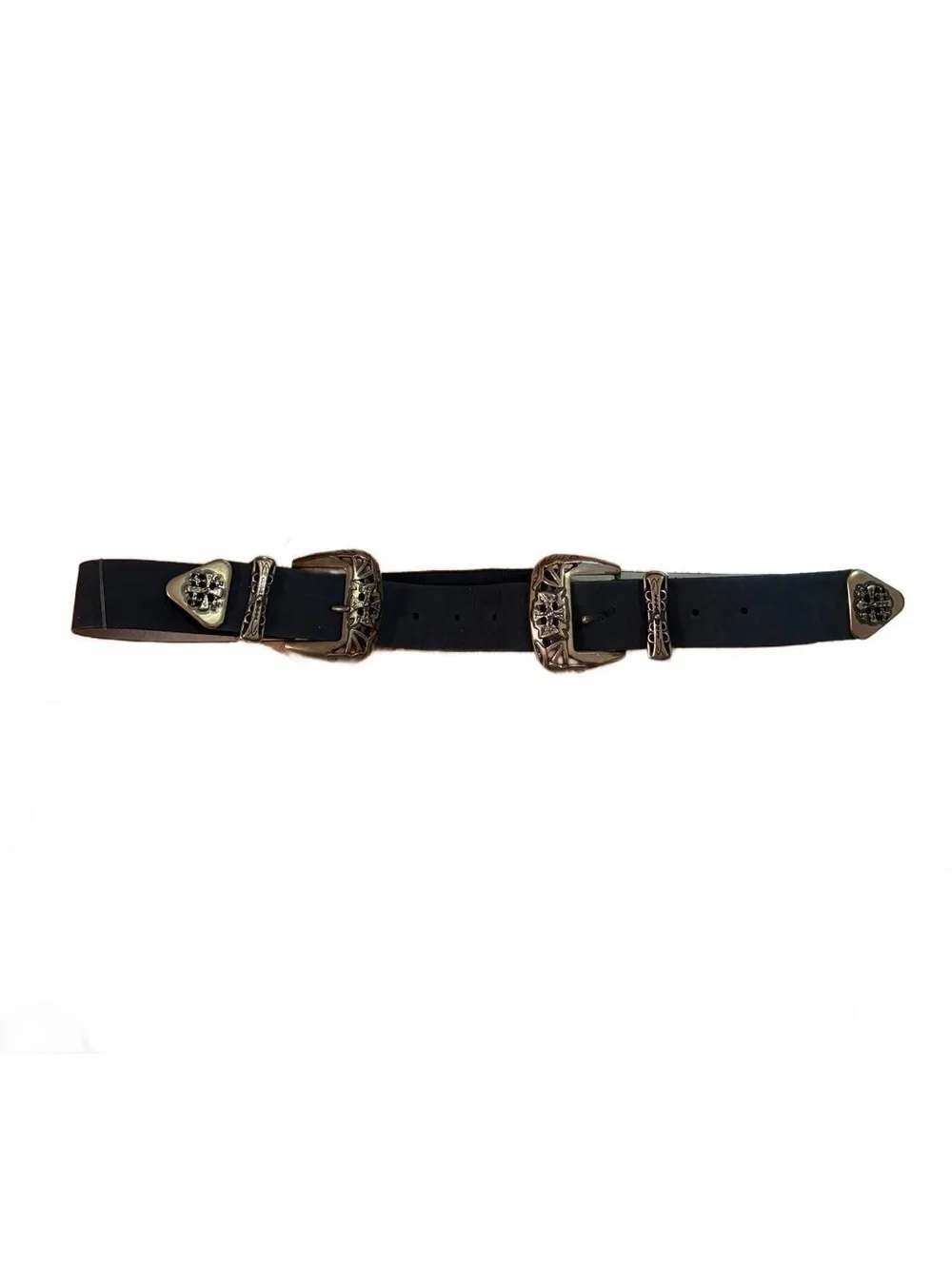 Black Leather Western Double Buckle Belt with Silver-Toned Hardware